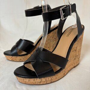 Express Black Faux Leather Cork Wedge Sandals Size 6
